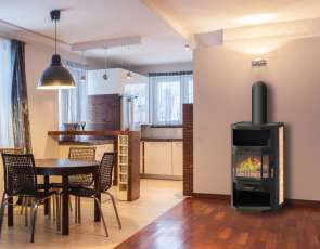 Недорогой стальной камин со стеклом Мета-Бел Ангара фото в интерьере в Могилеве