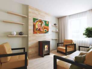 Недорогой камин со стеклом Теплодар Твист фото в интерьере в Могилеве