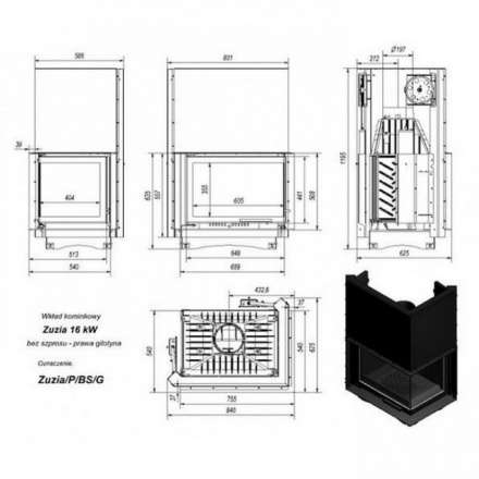 Каминная топка Kratki Zuzia/P/BS/G (угловое стекло справа,гильотина) в Могилеве