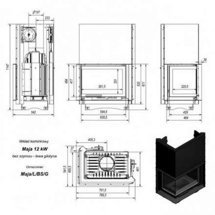 Каминная топка Kratki Maja/L/BS/G (угловое стекло слева, гильотина) в Могилеве