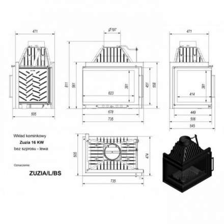 Каминная топка Kratki Zuzia/L/BS (угловое стекло слева) в Могилеве