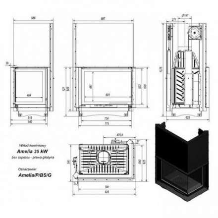 Каминная топка Kratki Amelia/P/BS/G (угловое стекло справа, гильотина) в Могилеве